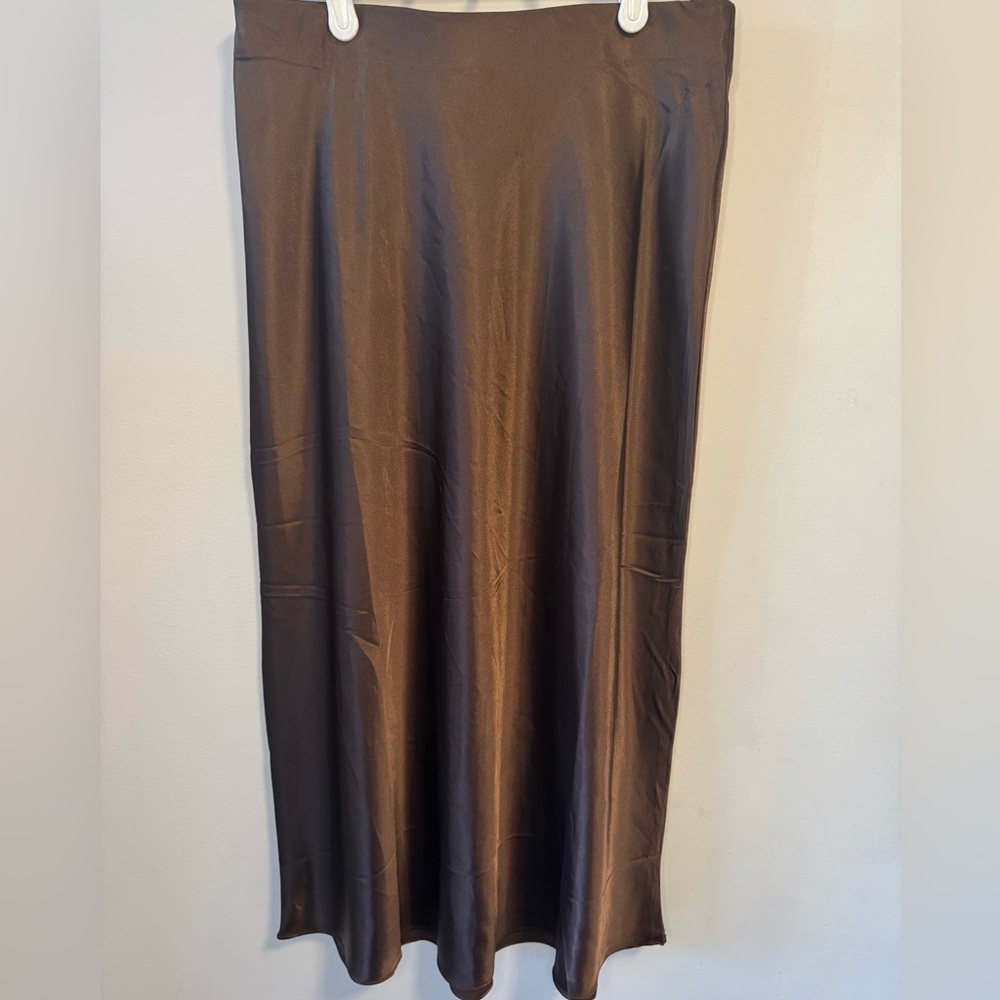 Chocolate Brown Satin Midi Slip Skirt